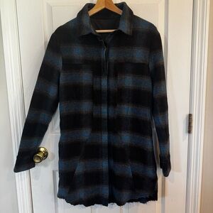 RTA Genevieve Wool Blend Plaid Shirt Dress Shacket Blue Lined Small Oversized